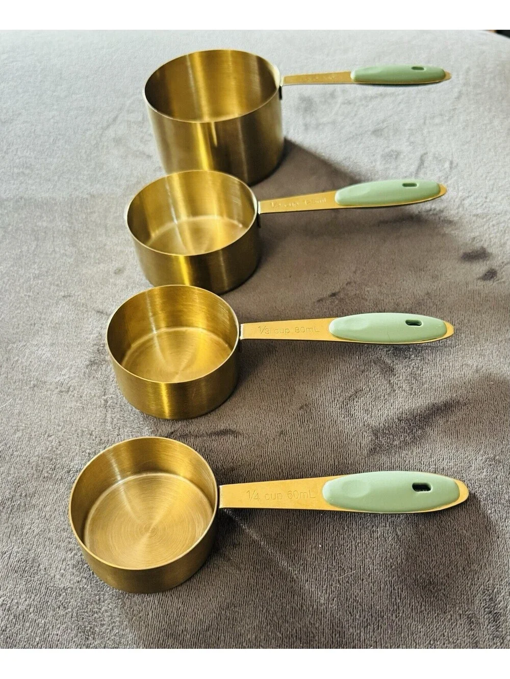 4 Piece Gold Stainless Steel Measuring Cups / Mint/Sage Green Silicone Grip